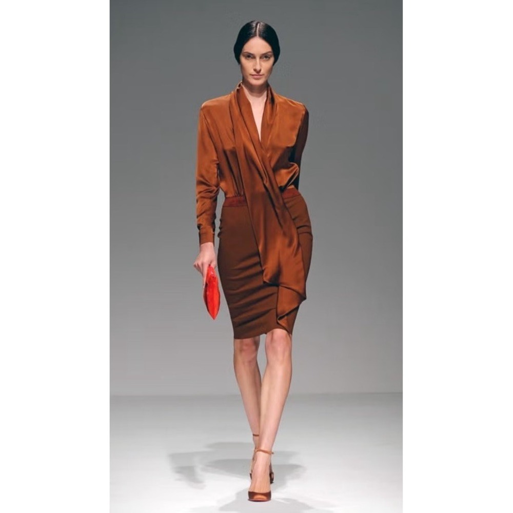 MARTIN GRANT Paris Brown 40 8 Silk Wool Suede Scarf Wrap Pencil Skirt Dress Fran